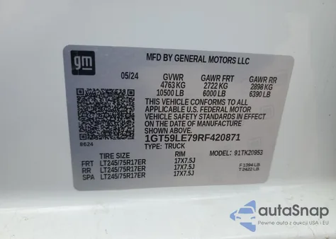 2024 GMC Sierra K2500 Heavy Duty z USA, uszkodzony, nr VIN 1GT59LE79RF420871